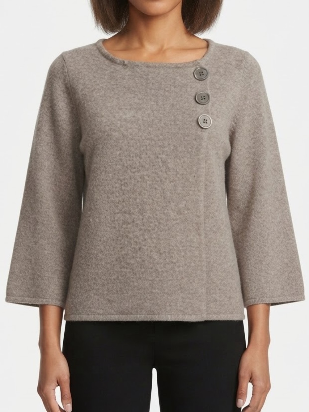 Adrienne Vittadini 100% Cashmere Taupe Side Button Sweater PL Petite Soft Luxury